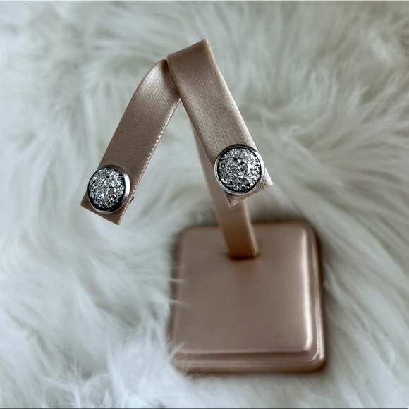 Metallic Silver Stainless Steel Druzy Stud Earrings - Picture 8 of 11